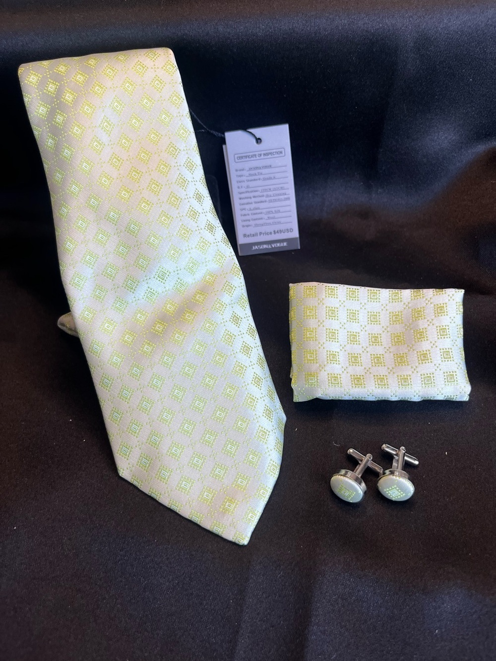 Men's Light Green Geometric Tie Set - Includes Pocket Square & Cufflinks